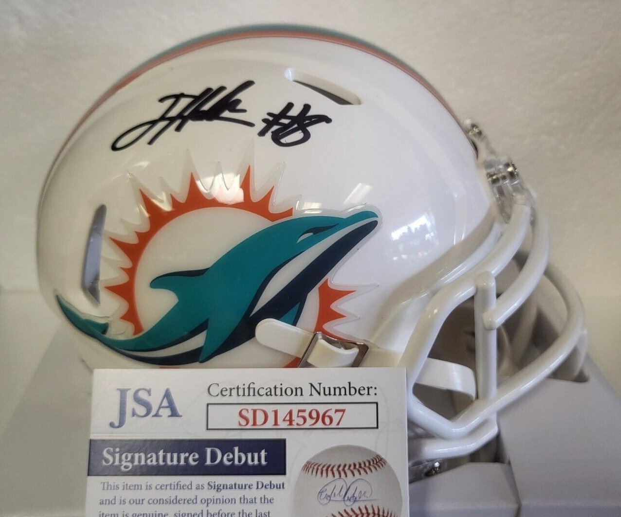 JEVON HOLLAND MIAMI DOLPHINS SIGNED AUTOGRAPH SPEED MINI HELMET JSA #SD145967