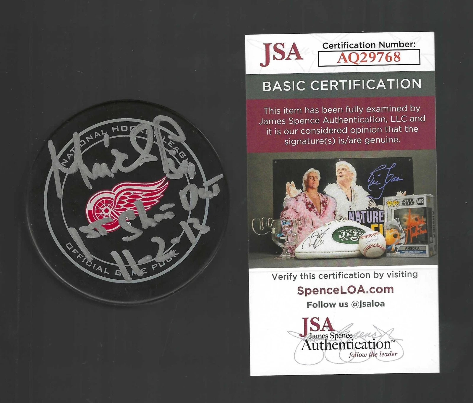 Petr Mrazek Signed & Inscribed 1st Shutout Detroit Red Wings Game Puck JSA COA