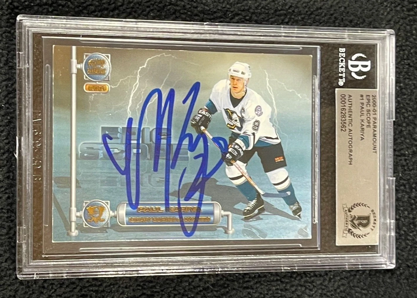 Paul Kariya Signed 2000/01 Parkhurst Epic Scope Card #1 BAS Certified