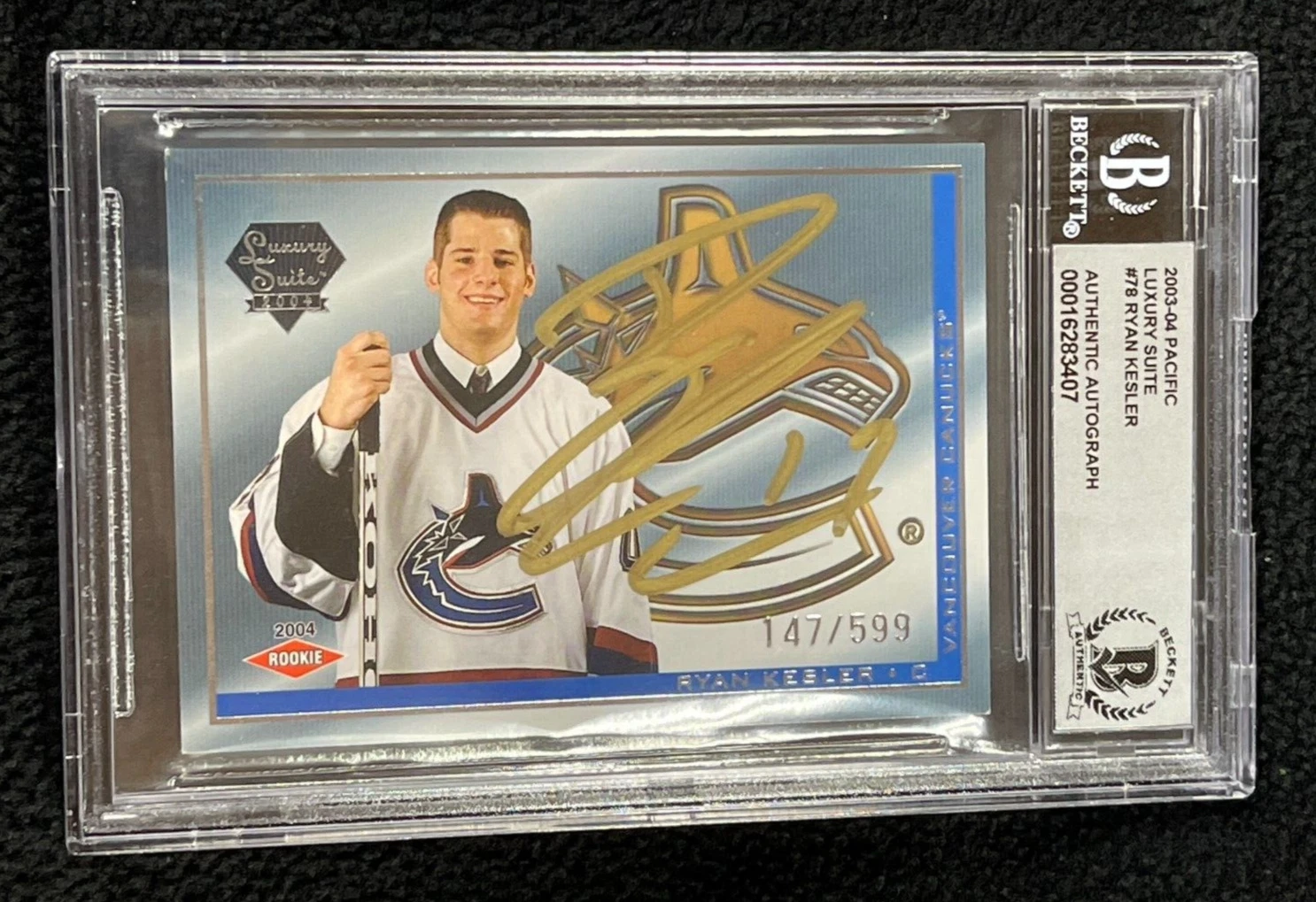 Ryan Kesler Signed 2003/04 Pacific Luxury Suite Rookie Card 78 BAS Auto Grade 10