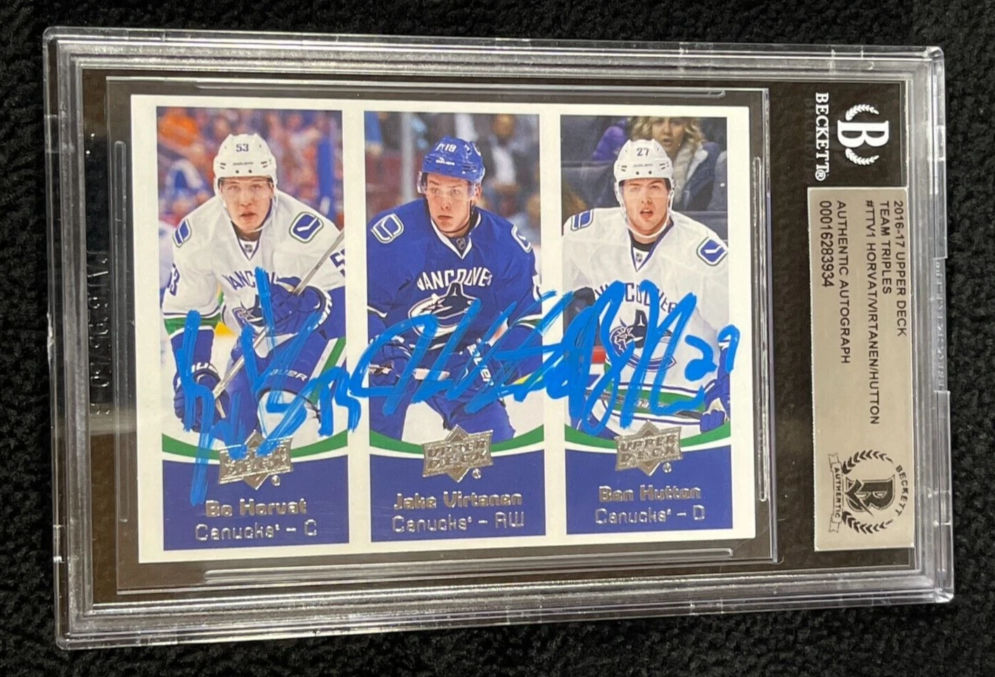 Bo Horvat Jake Virtanen Ben Hutton Signed UD Team Triples Card Beckett Certified