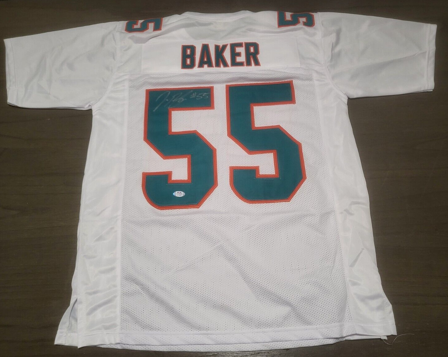 JEROME BAKER #55 MIAMI DOLPHINS SIGNED WHT CUSTOM JERSEY SZ XL PSA STICKER *