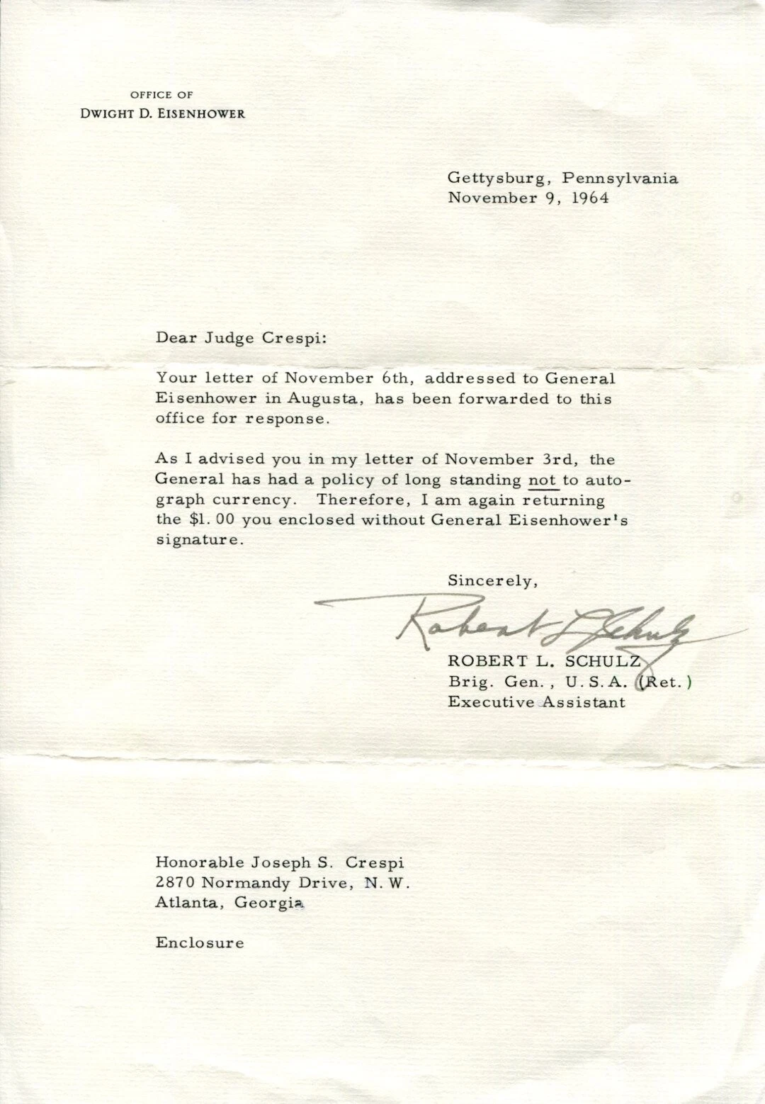 General Robert L. Schulz Aide-de-Camp To Dwight Eisenhower Signed Autograph TSL