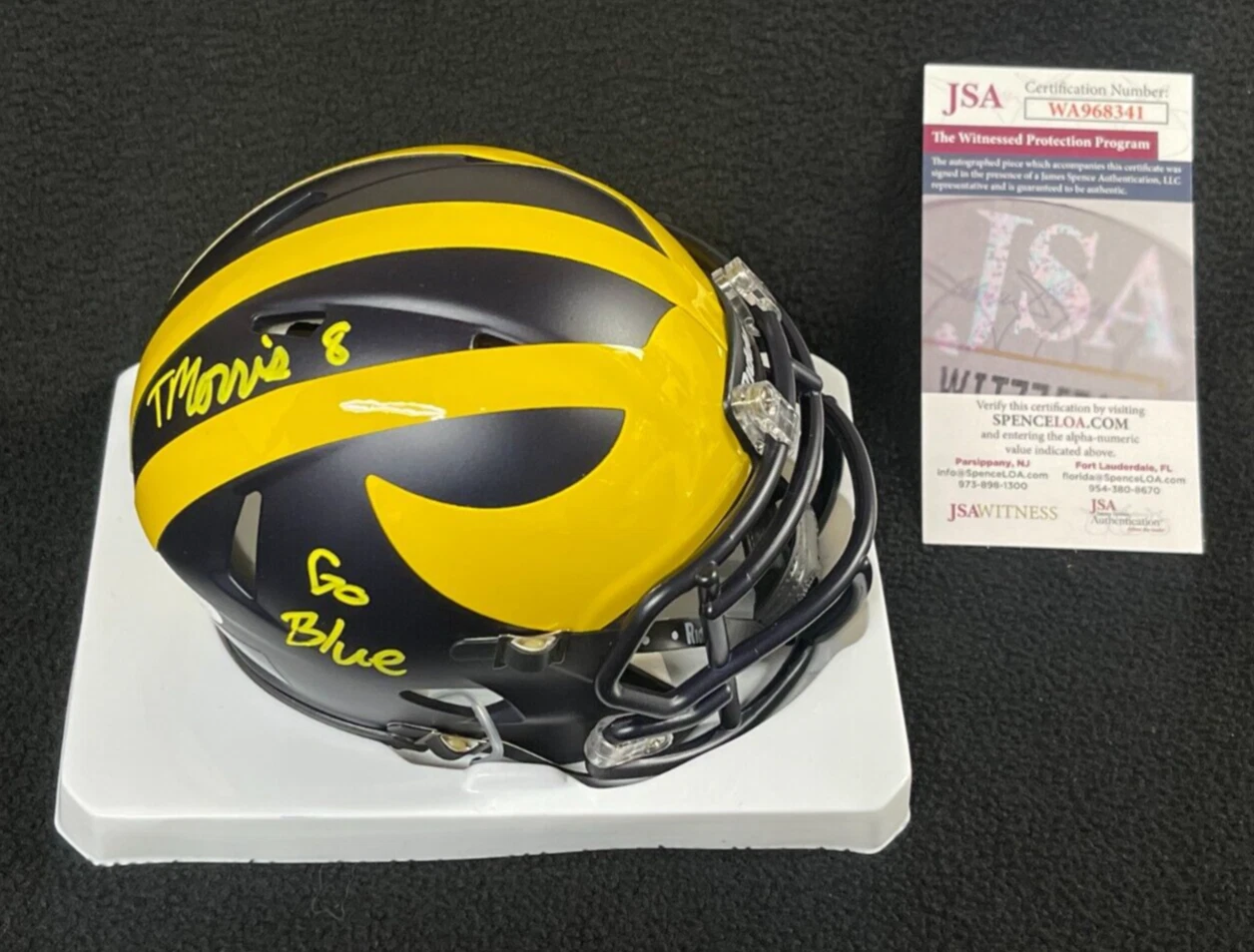 TYLER MORRIS SIGNED & INSCRIBED MICHIGAN WOLVERINES MINI HELMET JSA COA COLLECTIBLE MEMORABILIA