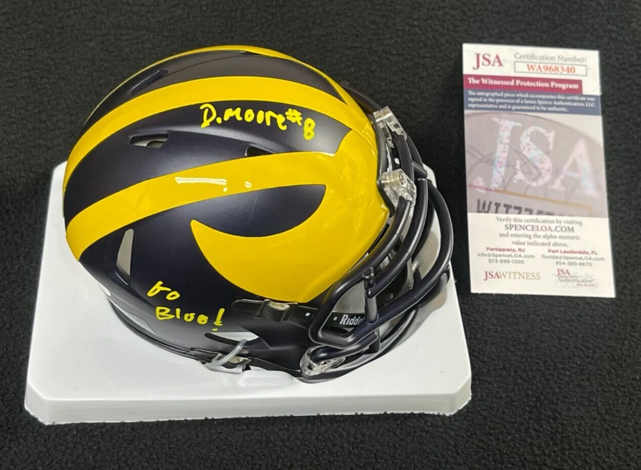 Derrick Moore Signed & Inscribed Michigan Wolverines Mini Helmet JSA COA