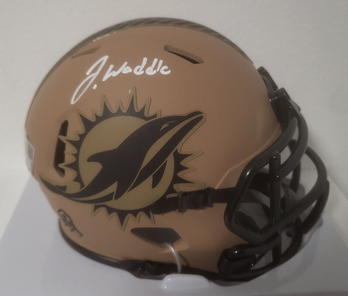 JAYLEN WADDLE MIAMI DOLPHINS SALUTE TO SERVICE SIGNED AUTO MINI HELMET FANATICS