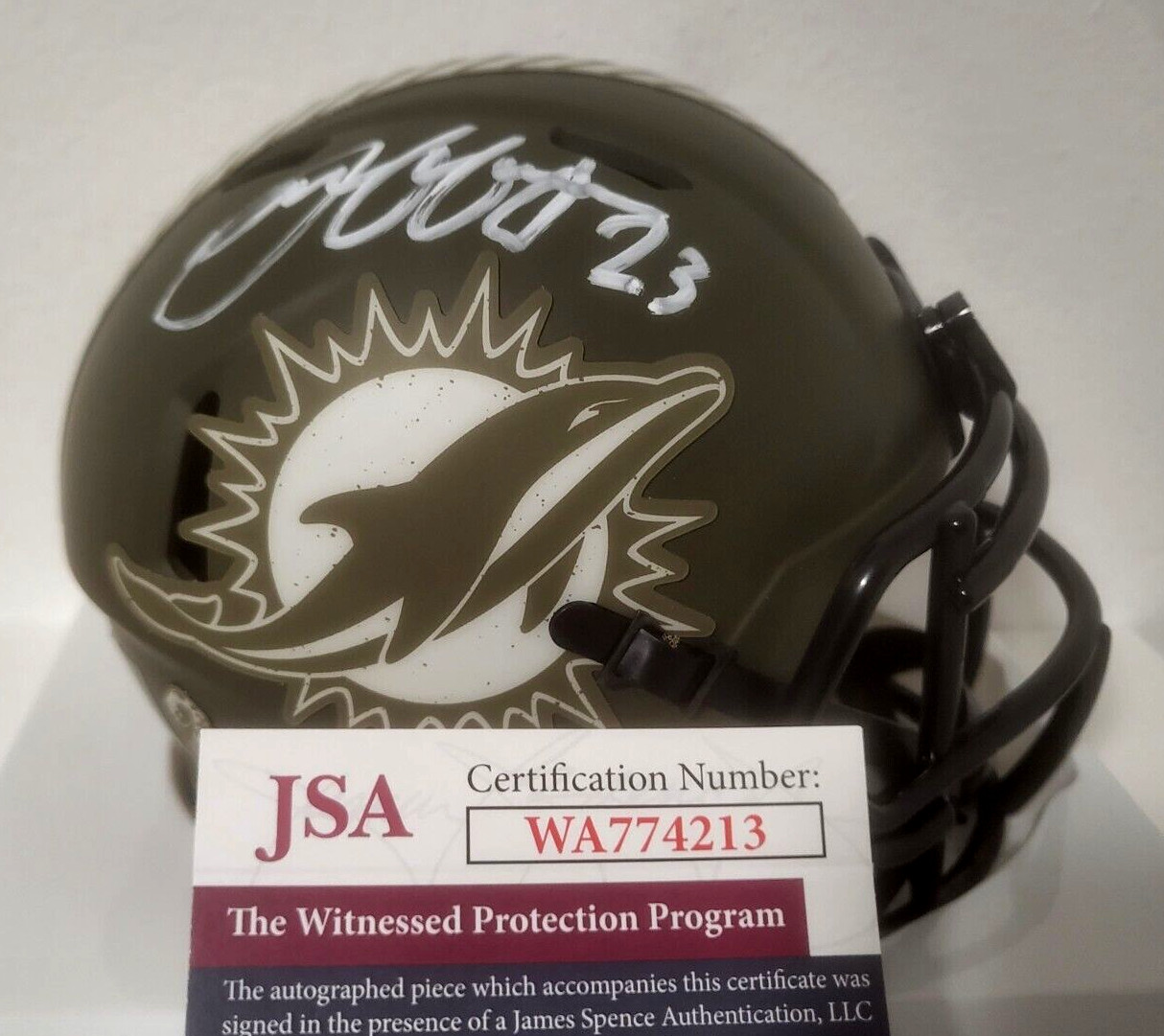 JEFF WILSON JR MIAMI DOLPHINS SIGNED AUTO SALUTE TO SERVICE MINI HELMET JSA **