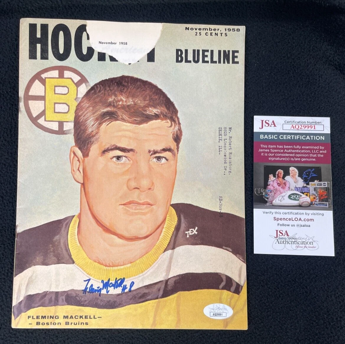 Fleming Mackell Signed Boston Bruins 1958 Hockey Blueline Magazine JSA COA