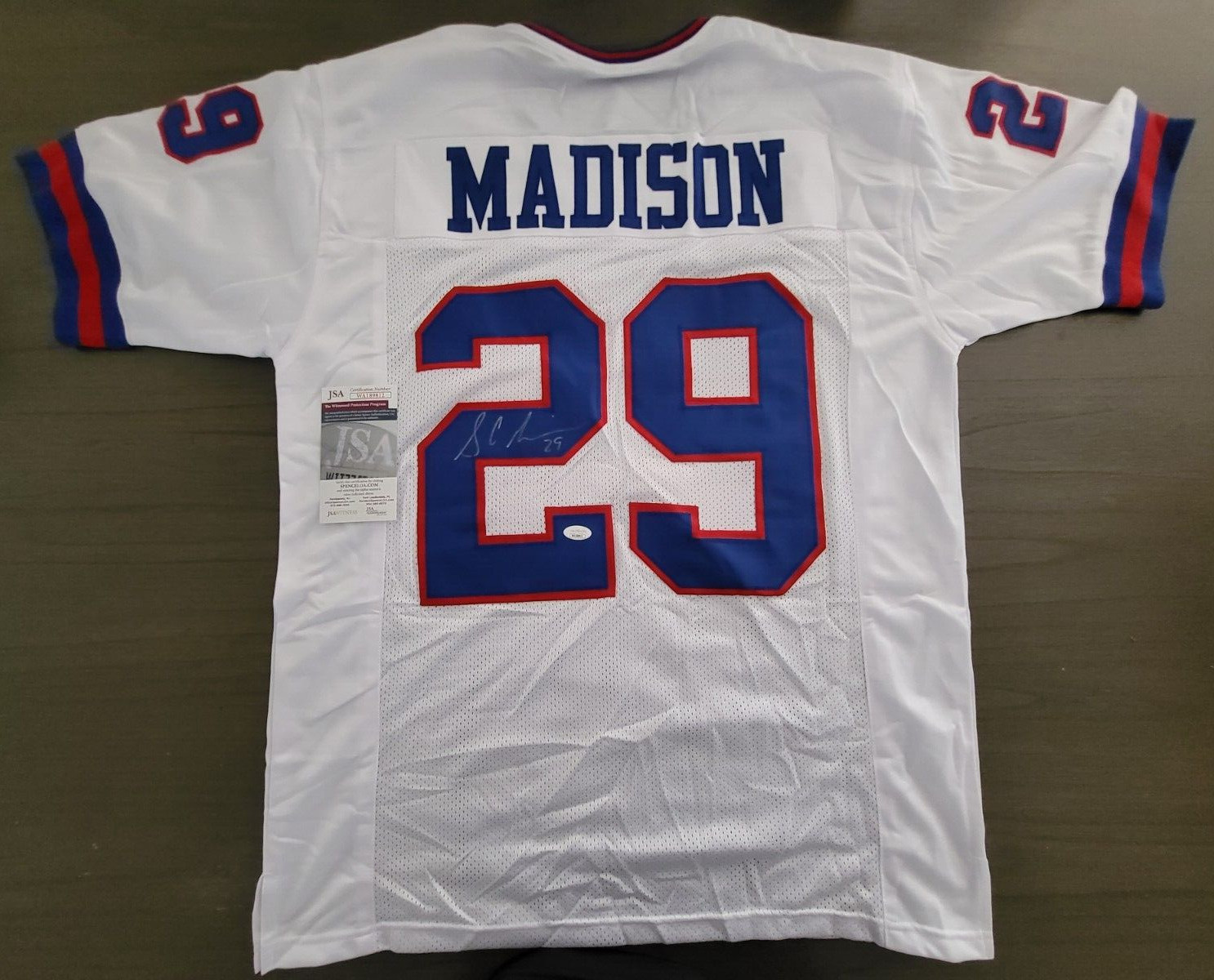 SAM MADISON #29 NEW YORK GIANTS SIGNED AUTOGRAPHED WHT CUSTOM SZ XL JERSEY JSA