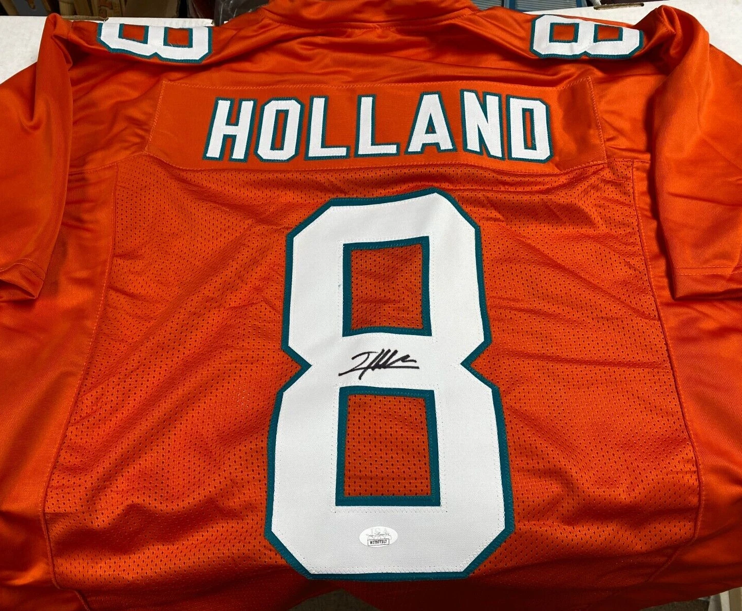 JEVON HOLLAND #8 DOLPHINS SIGNED AUTOGRAPHED ORANGE CUSTOM JERSEY SIZE XL JSA