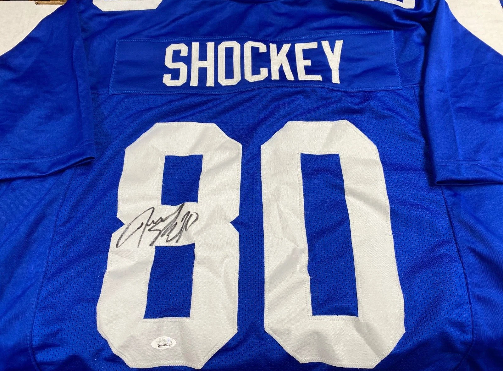 JEREMY SHOCKEY #80 NY GIANTS SIGNED AUTOGRAPHED CUSTOM JERSEY SZ XL JSA STICKER