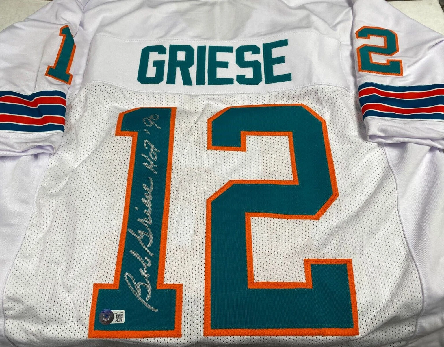 BOB GRIESE #12 DOLPHINS HOF 90 SIGNED AUTOGRAPHED CUSTOM WHITE JERSEY BECKETT
