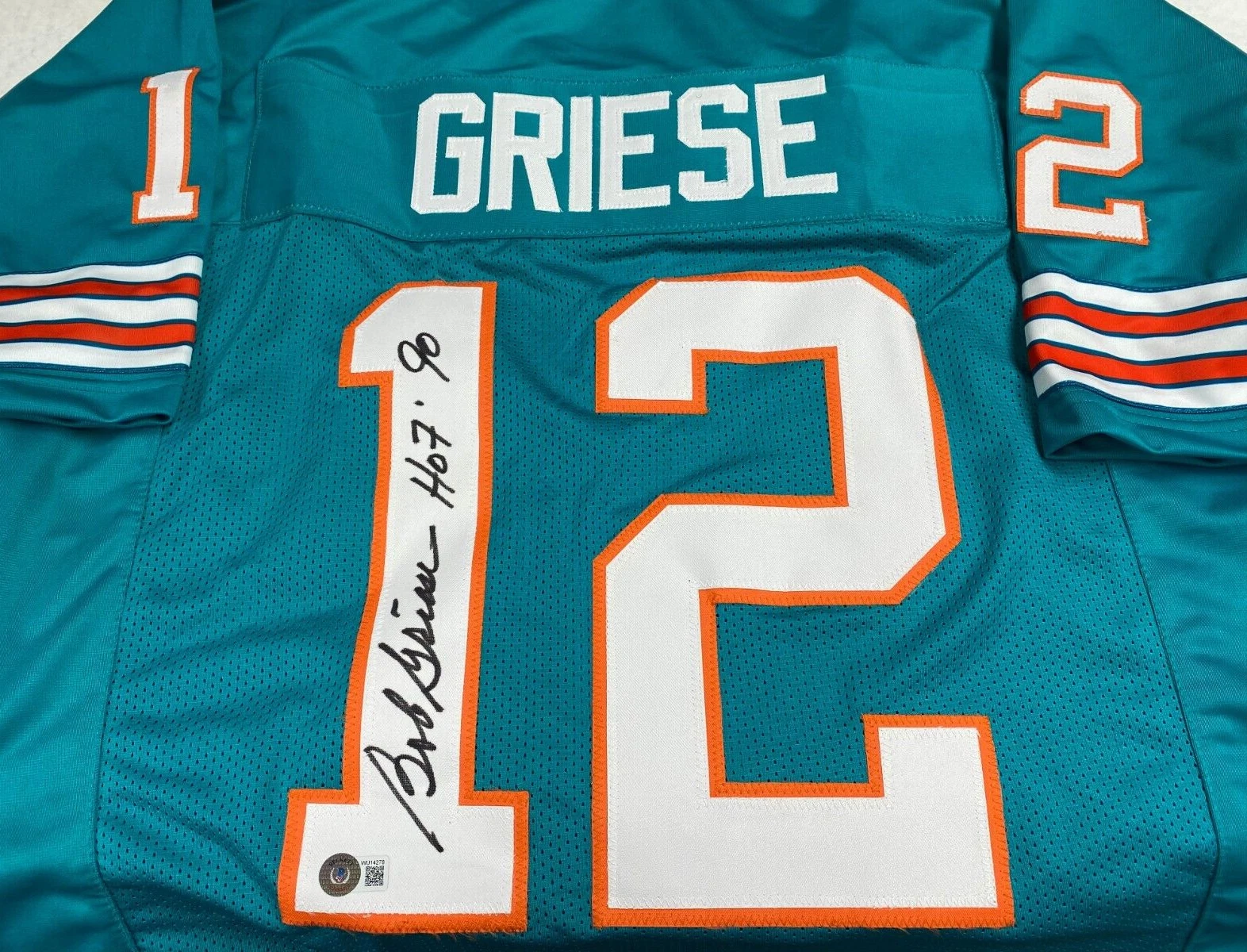 BOB GRIESE #12 DOLPHINS HOF 90 SIGNED AUTOGRAPHED CUSTOM TEAL JERSEY BECKETT *