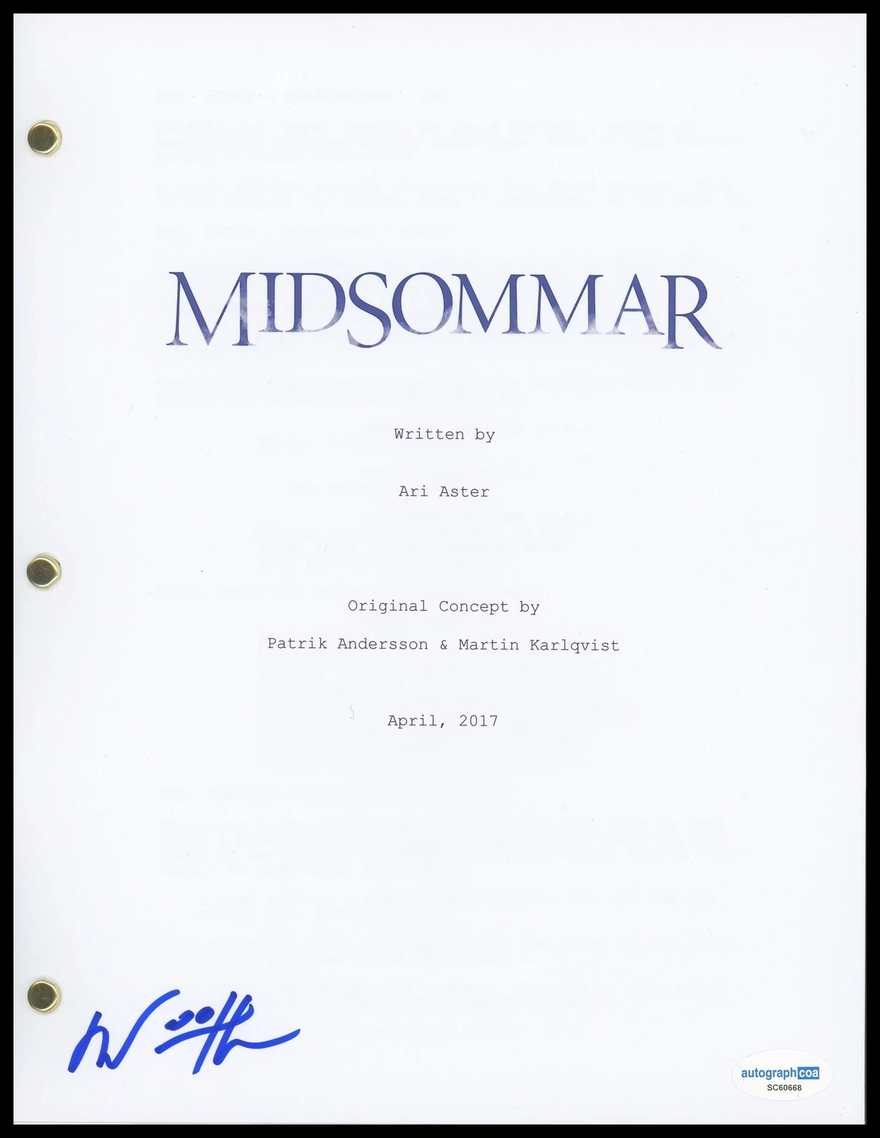 WILLIAM JACKSON HARPER “MIDSOMMAR” AUTOGRAPH SIGNED JOSH SCRIPT SCREENPLAY ACOA COLLECTIBLE MEMORABILIA