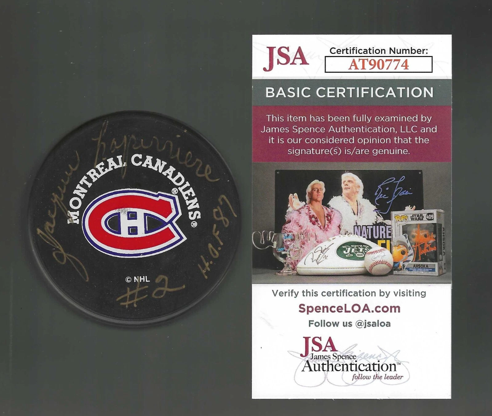 Jacques Laperriere Signed & Inscribed Montreal Canadiens Trench Puck JSA COA