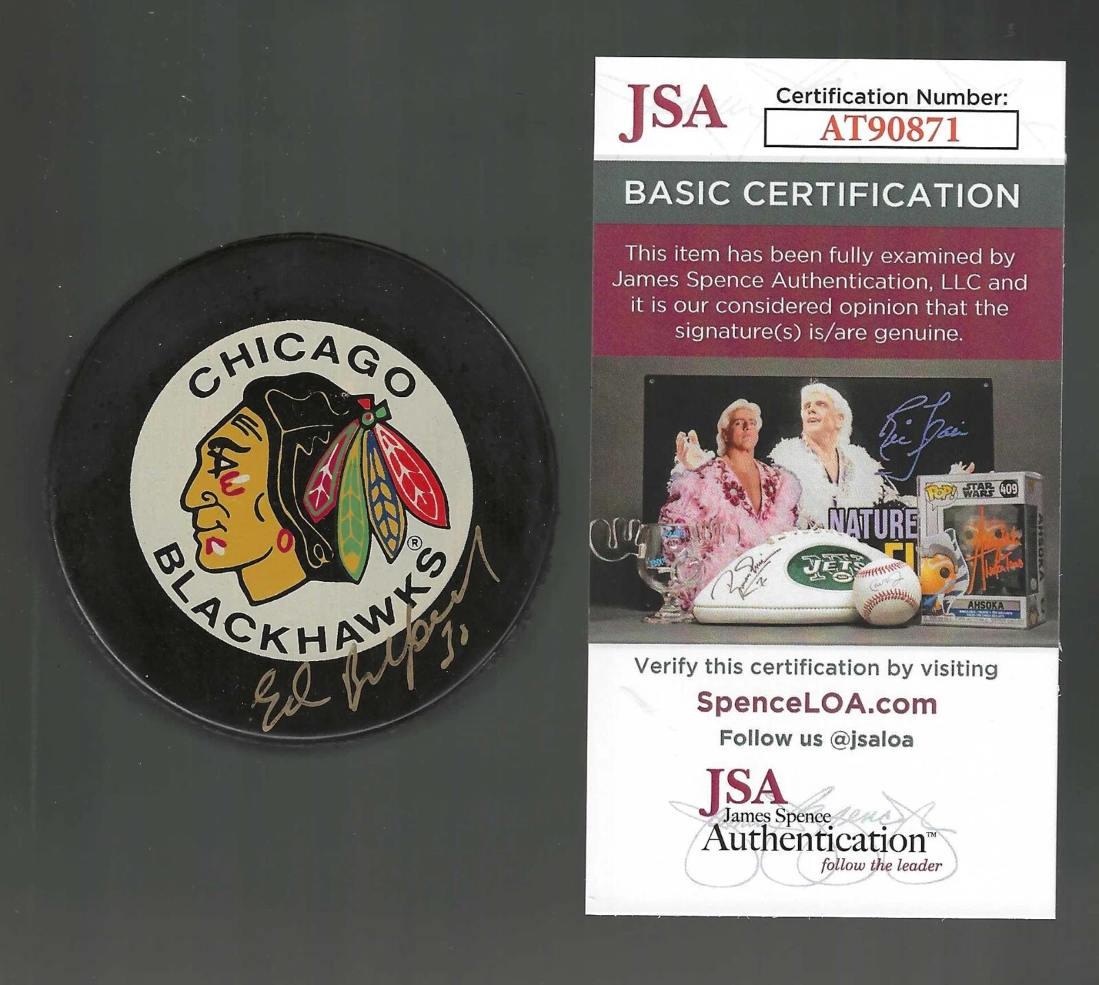 Ed Belfour Signed Chicago Blackhawks Official Early Bettman Game Puck JSA COA
