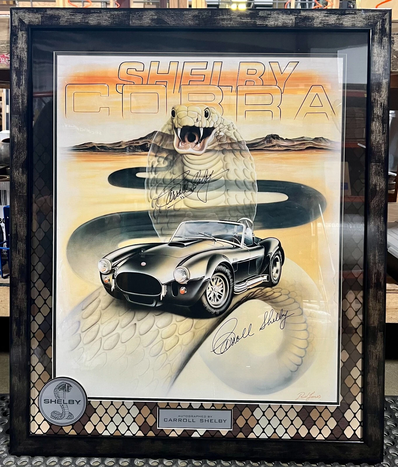 Carroll Shelby Signed Snake Skin Theme 31x37 Framed Cobra Poster JSA LOA COA