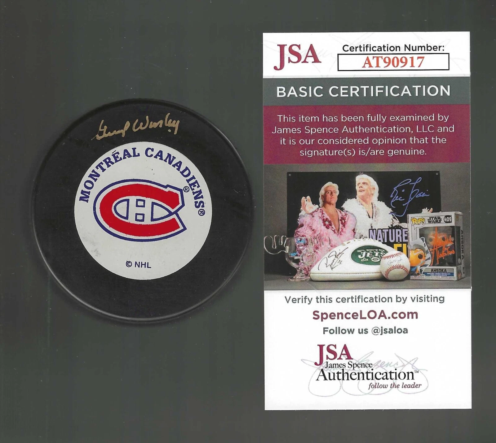 Gump Worsley Signed Montreal Canadiens Trench Puck Signed In Gold JSA COA