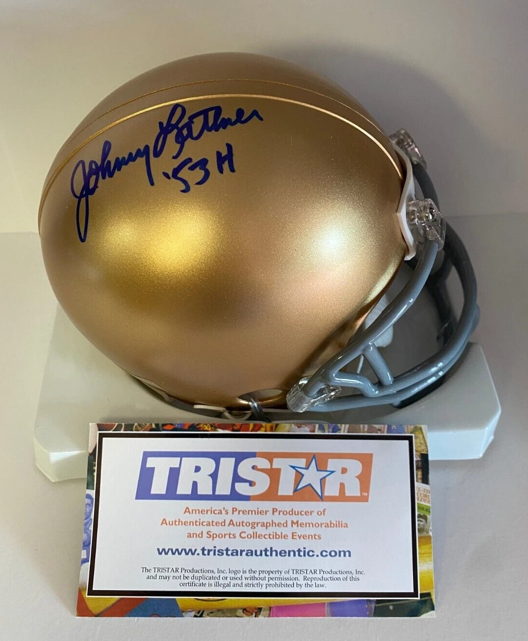 JOHNNY LATTNER NOTRE DAME 53 HEISMAN SIGNED AUTOGRAPHED MINI HELMET TRISTAR COA