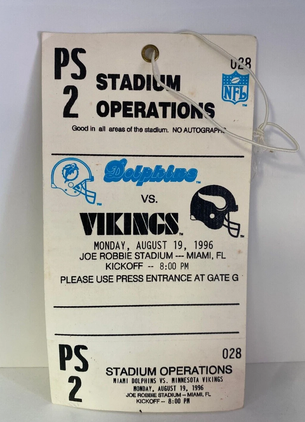 VINTAGE 1996 MIAMI DOLPHINS VS MINNESOTA VIKINGS STADIUM OPERATIONS PASS COLLECTIBLE MEMORABILIA
