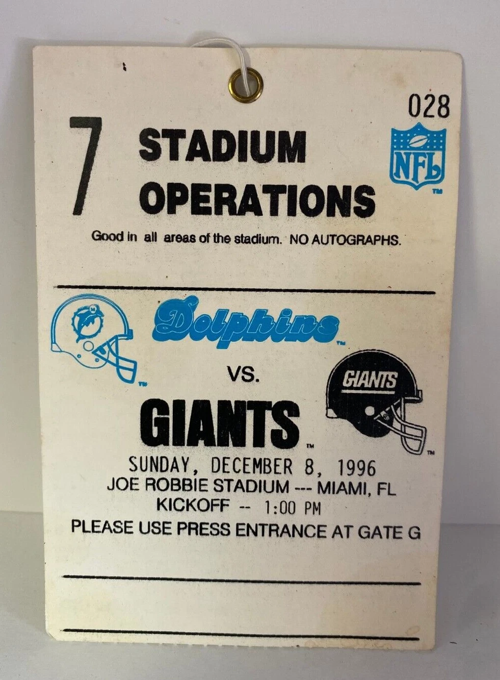 VINTAGE 1996 MIAMI DOLPHINS VS NEW YORK GIANTS STADIUM OPERATIONS PASS