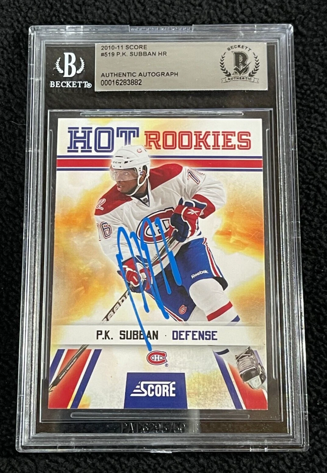 P.K. Subban Signed 2009/10 Score Hot Rookies Card #519 Beckett Certified