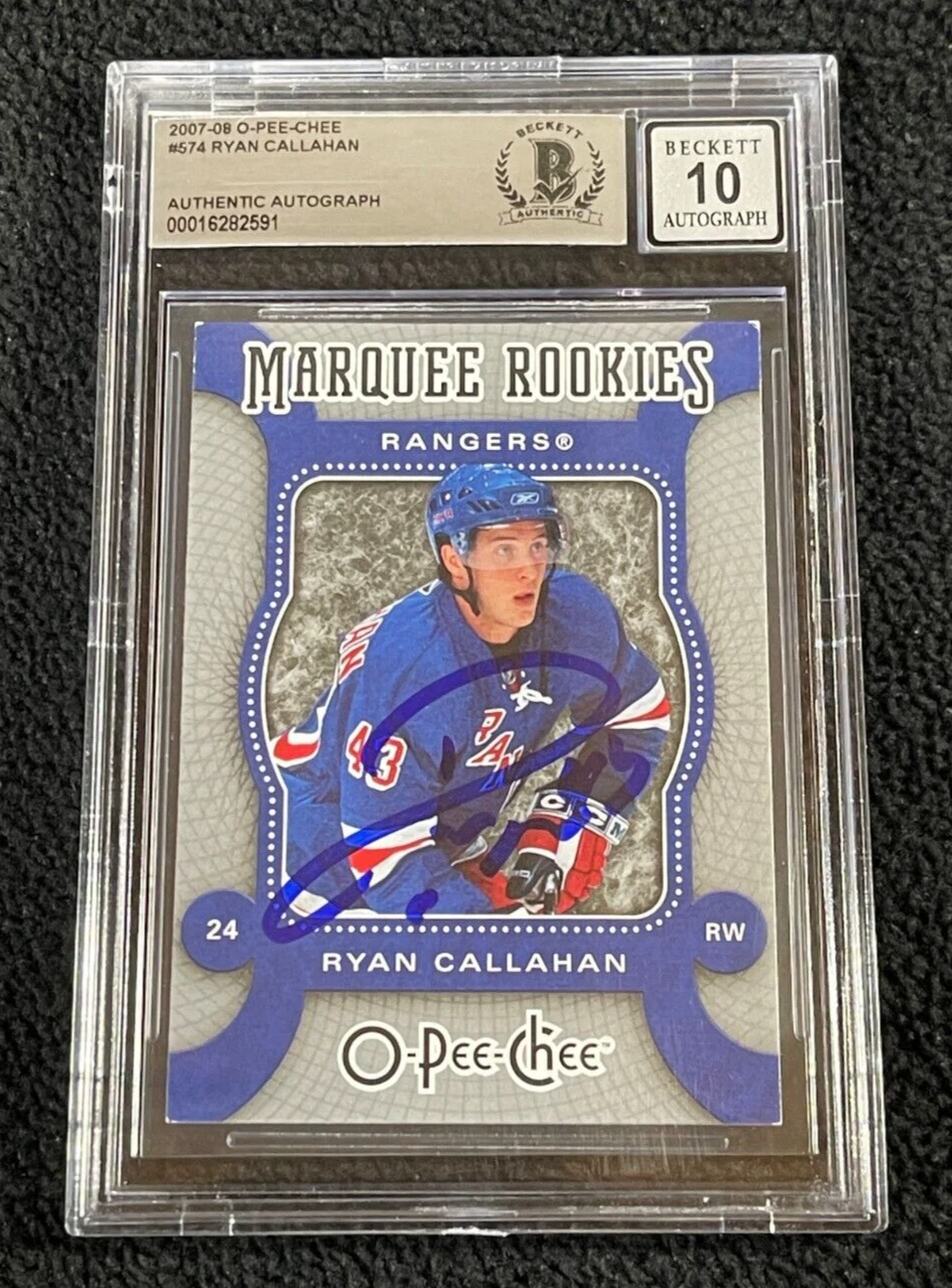 Ryan Callahan Signed 2007/08 O-Pee-Chee Rookie Card Beckett Certified Auto 10