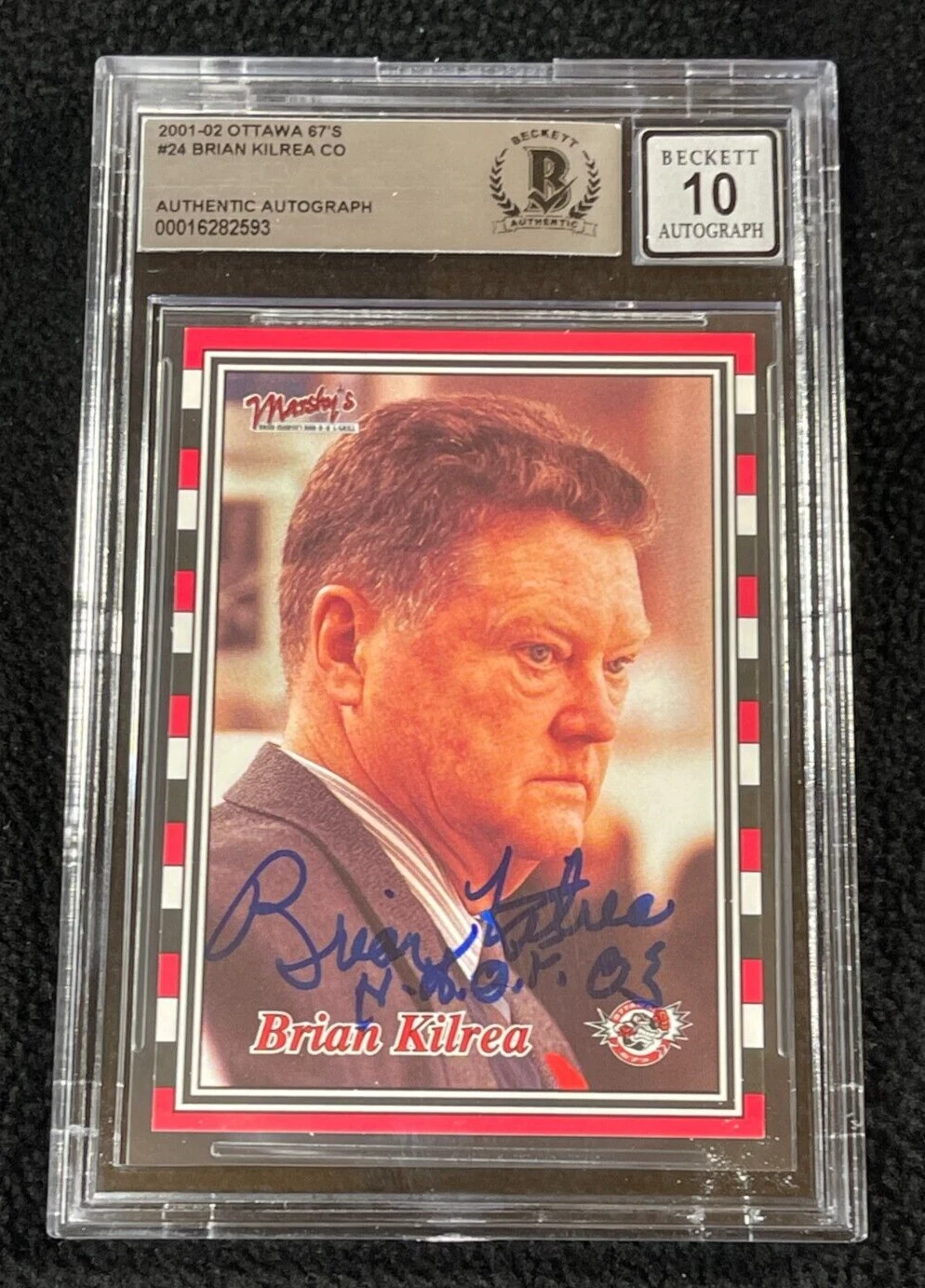 Brian Kilrea Signed 2001/02 Ottawa 67's Team Issued Card BAS Auto Grade 10