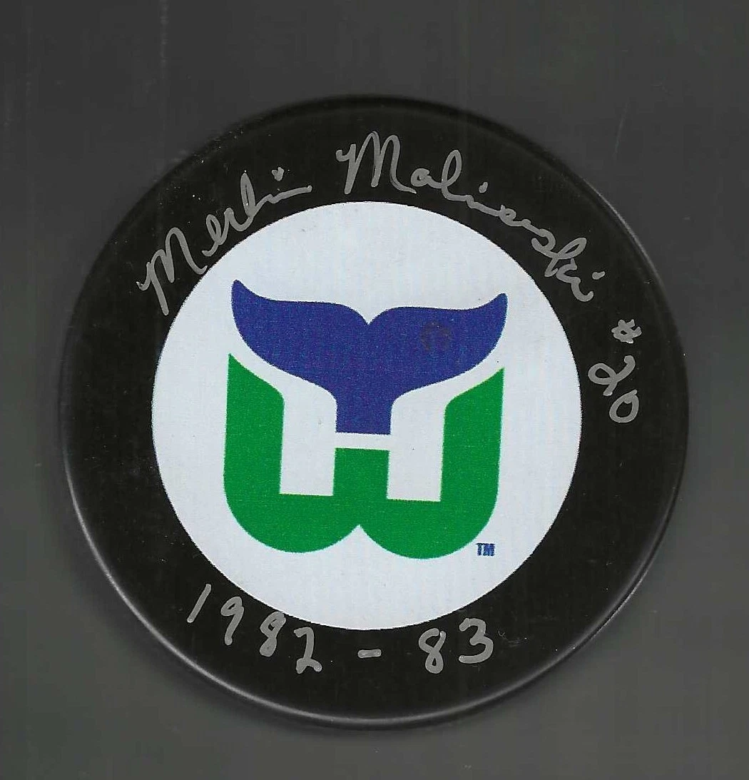 Merlin Malinowski Signed & Inscribed Hartford Whalers Puck