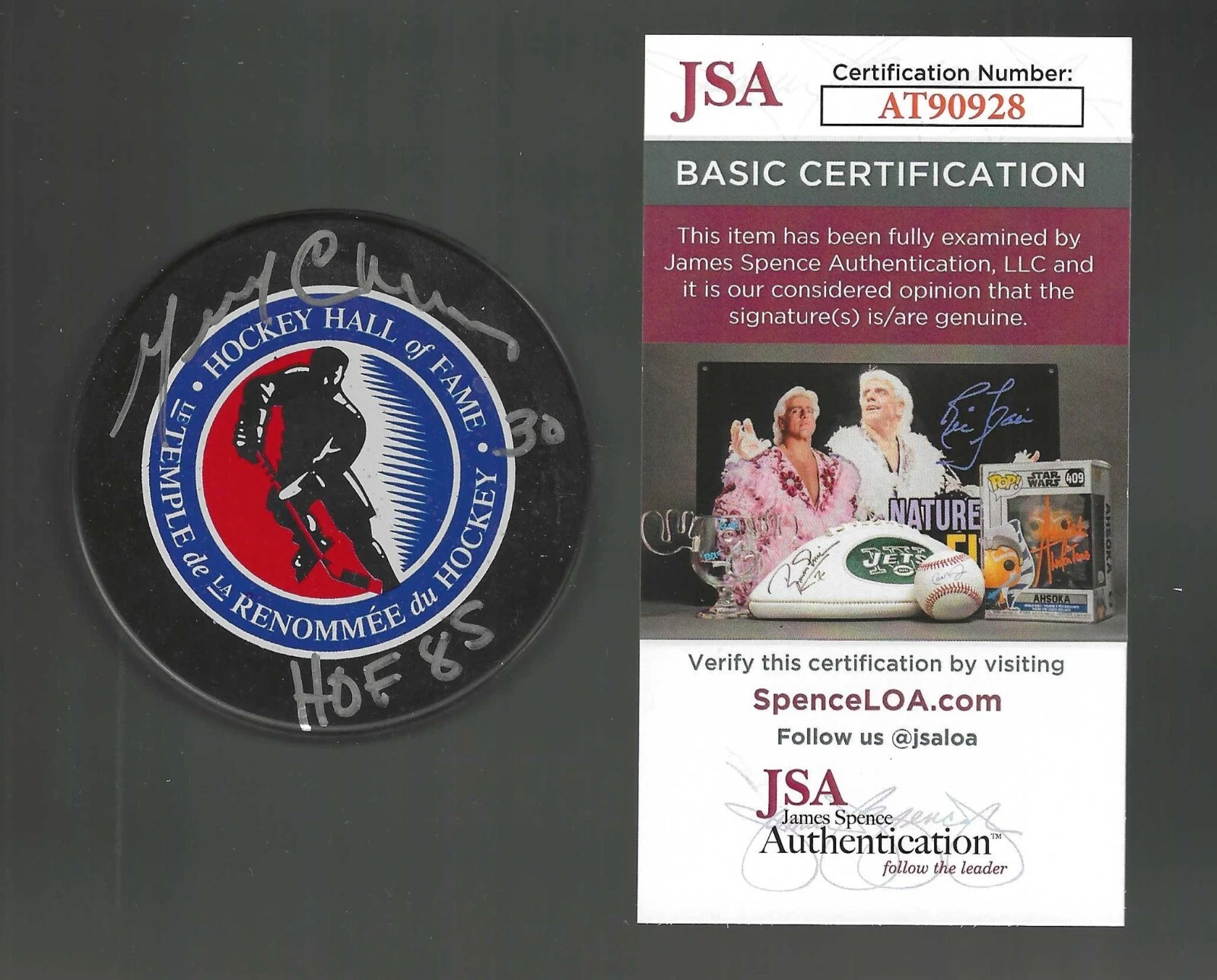 Gerry Cheevers Signed & Inscribed Boston Bruins Hockey Hall Of Fame Puck JSA COA