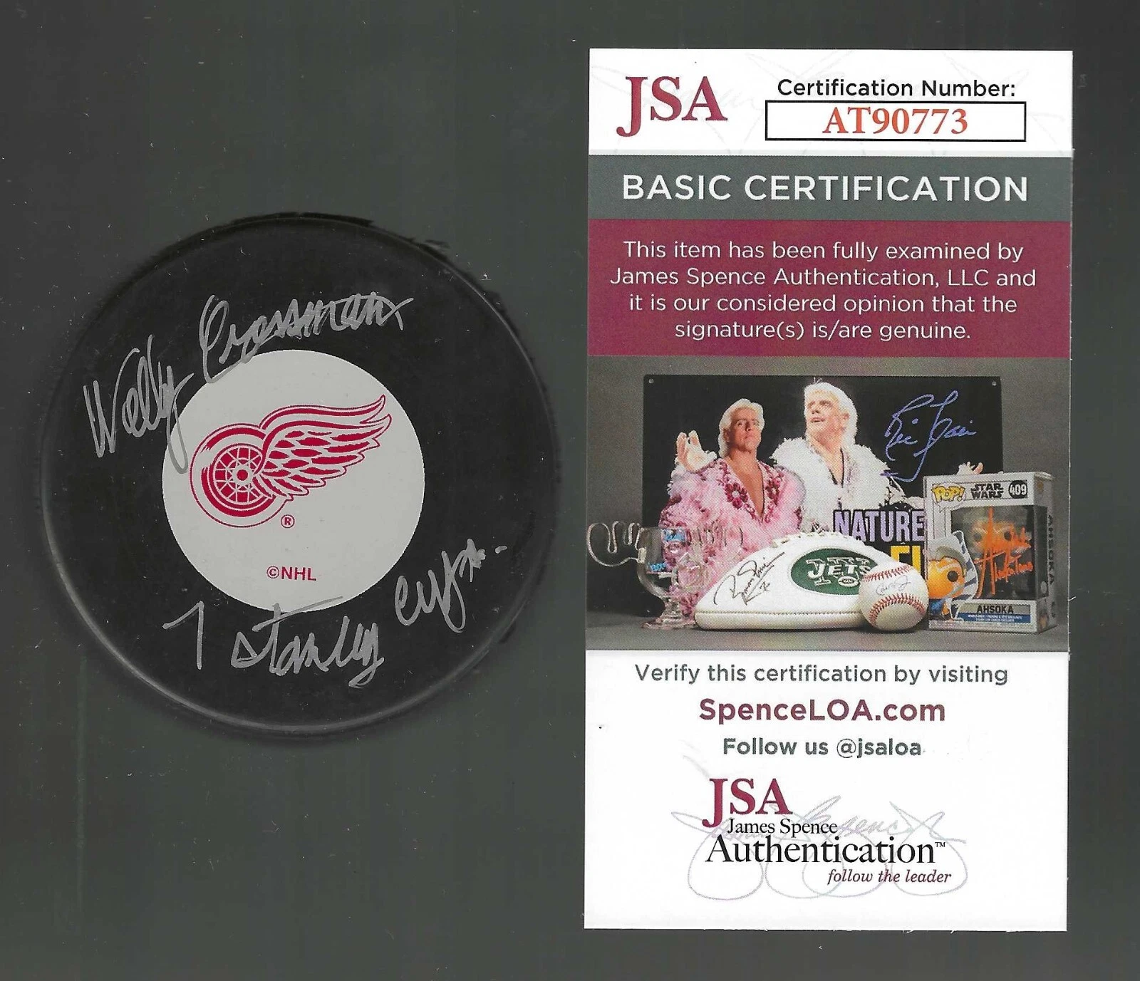 Wally Crossman Signed & Inscribed Detroit Red Wings Puck JSA COA