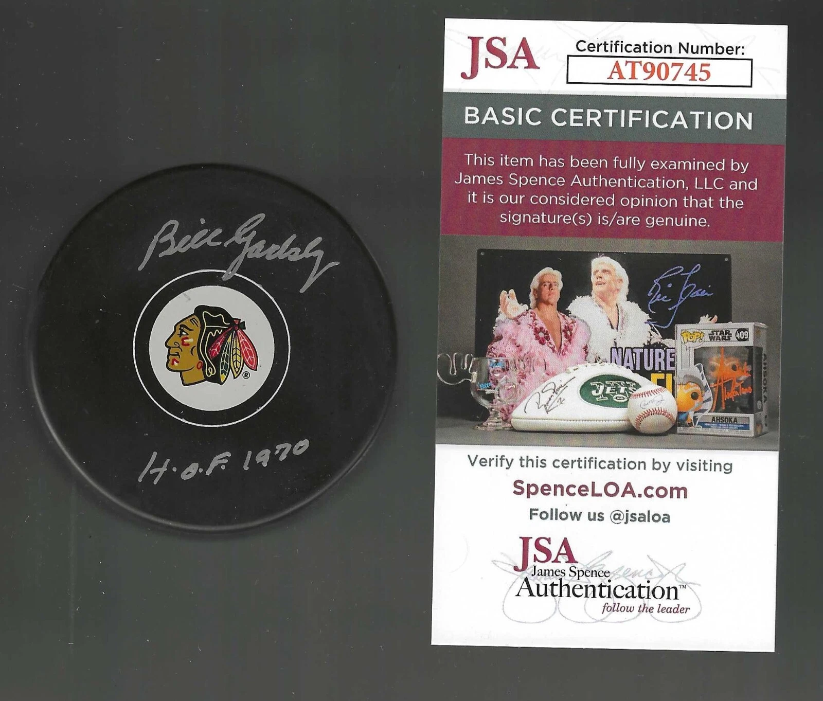 Bill Gadsby Signed & Inscribed Chicago Blackhawks Puck JSA COA
