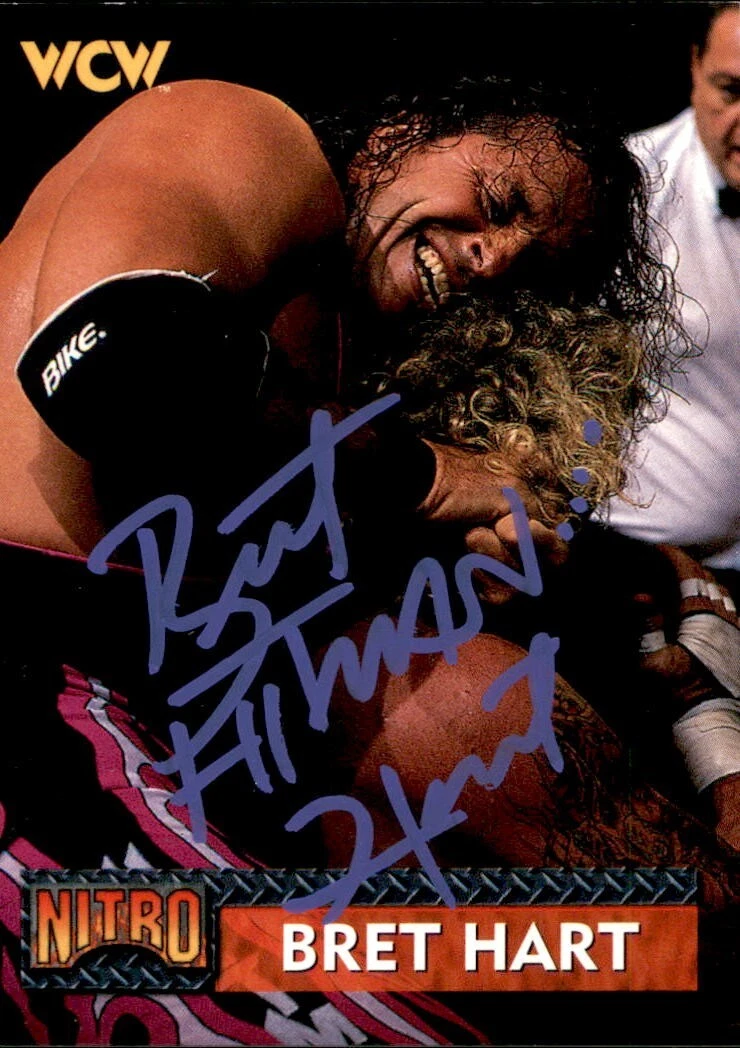 BRET “HITMAN” HART SIGNED 1999 TOPPS WCW NWO NITRO CARD #2 WWE COLLECTIBLE MEMORABILIA