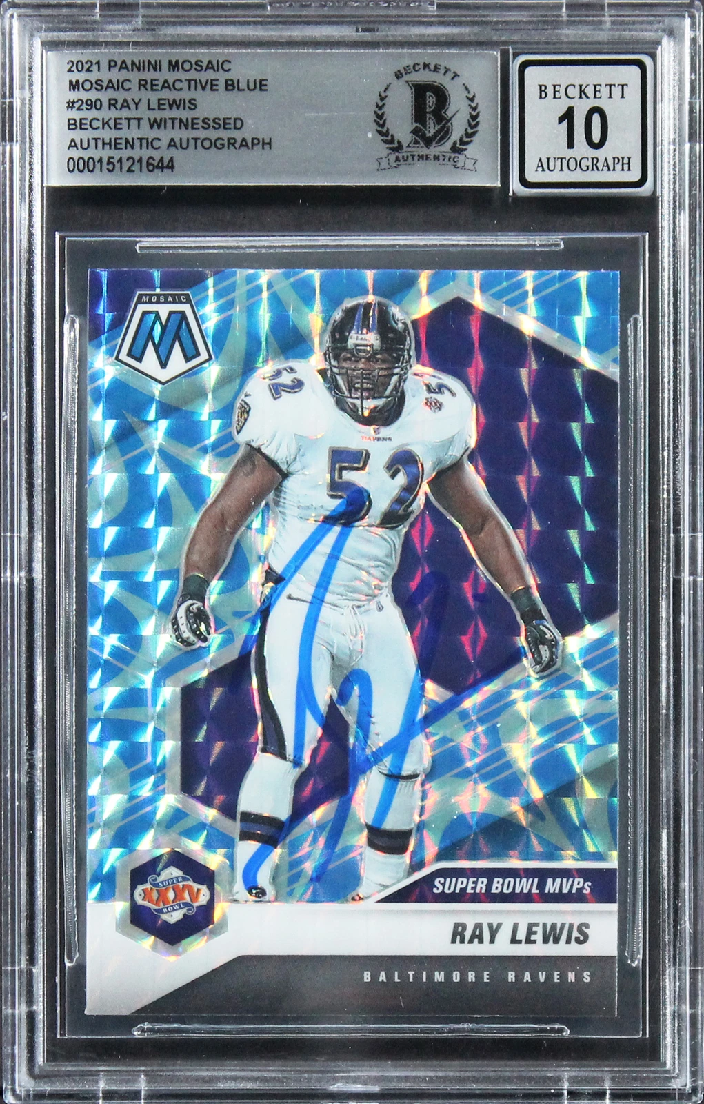 RAY LEWIS SIGNED 2021 PANINI MOSAIC REACTIVE BLUE #290 CARD AUTO 10! BAS SLAB COLLECTIBLE MEMORABILIA
