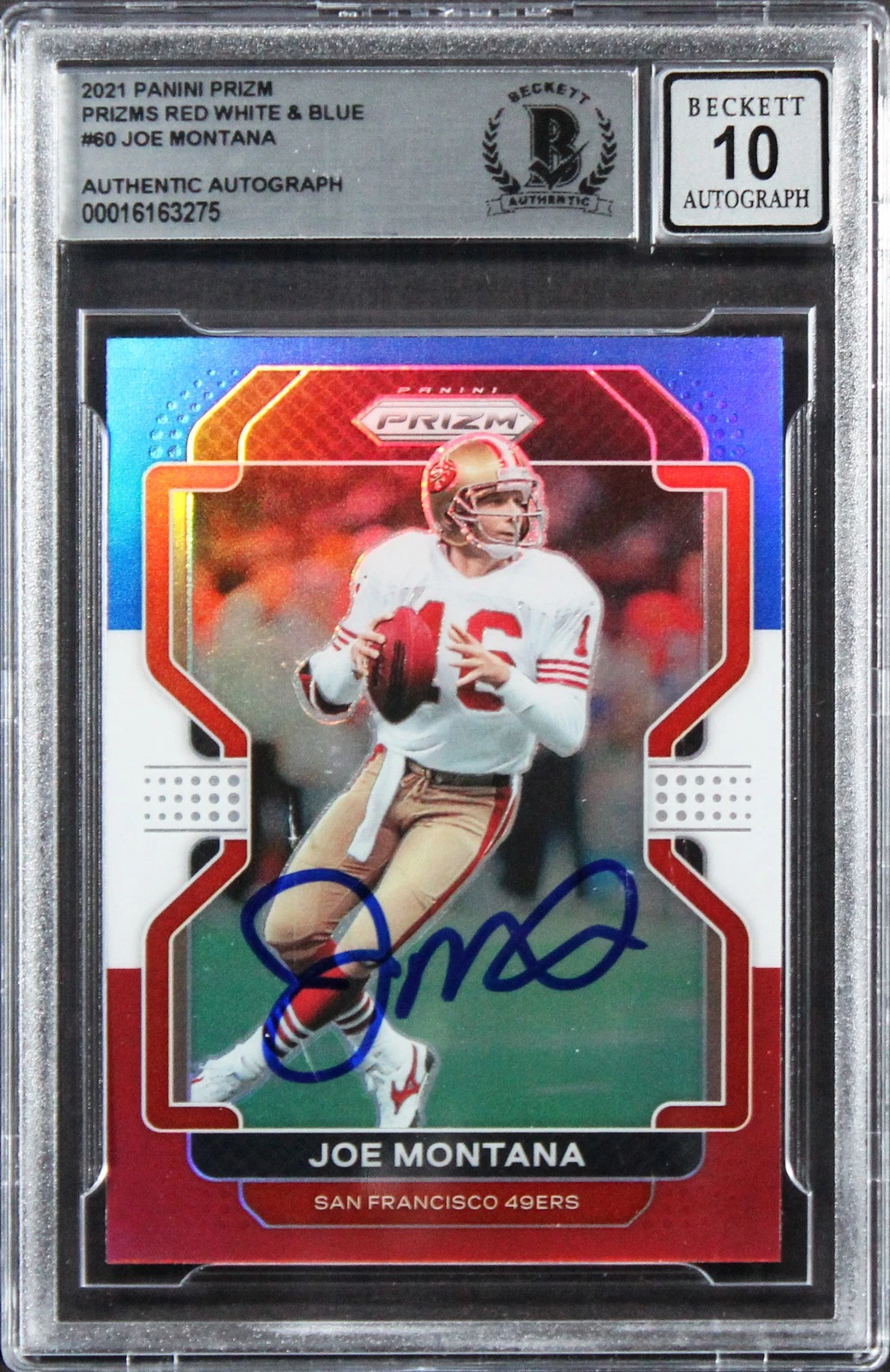 49ERS JOE MONTANA SIGNED 2021 PANINI PRIZM RW&B #60 CARD AUTO 10! BAS SLABBED COLLECTIBLE MEMORABILIA