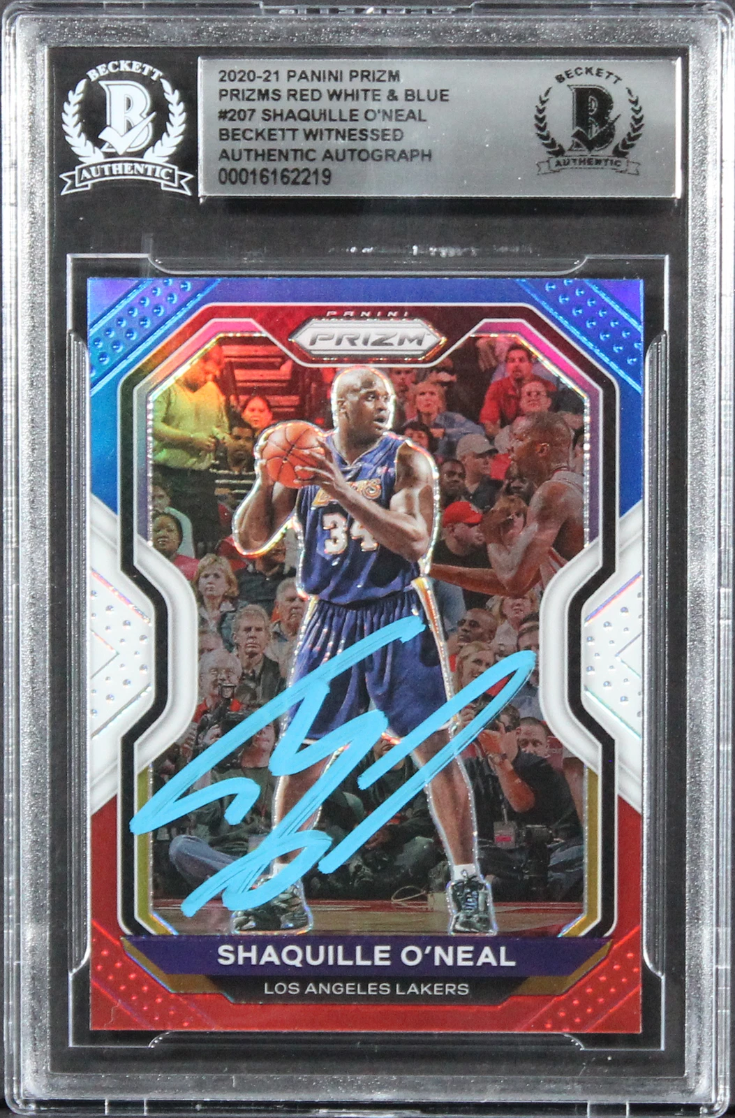 Lakers Shaquille O'Neal Signed 2020 Panini Prizm RW&B #207 Card BAS Slabbed