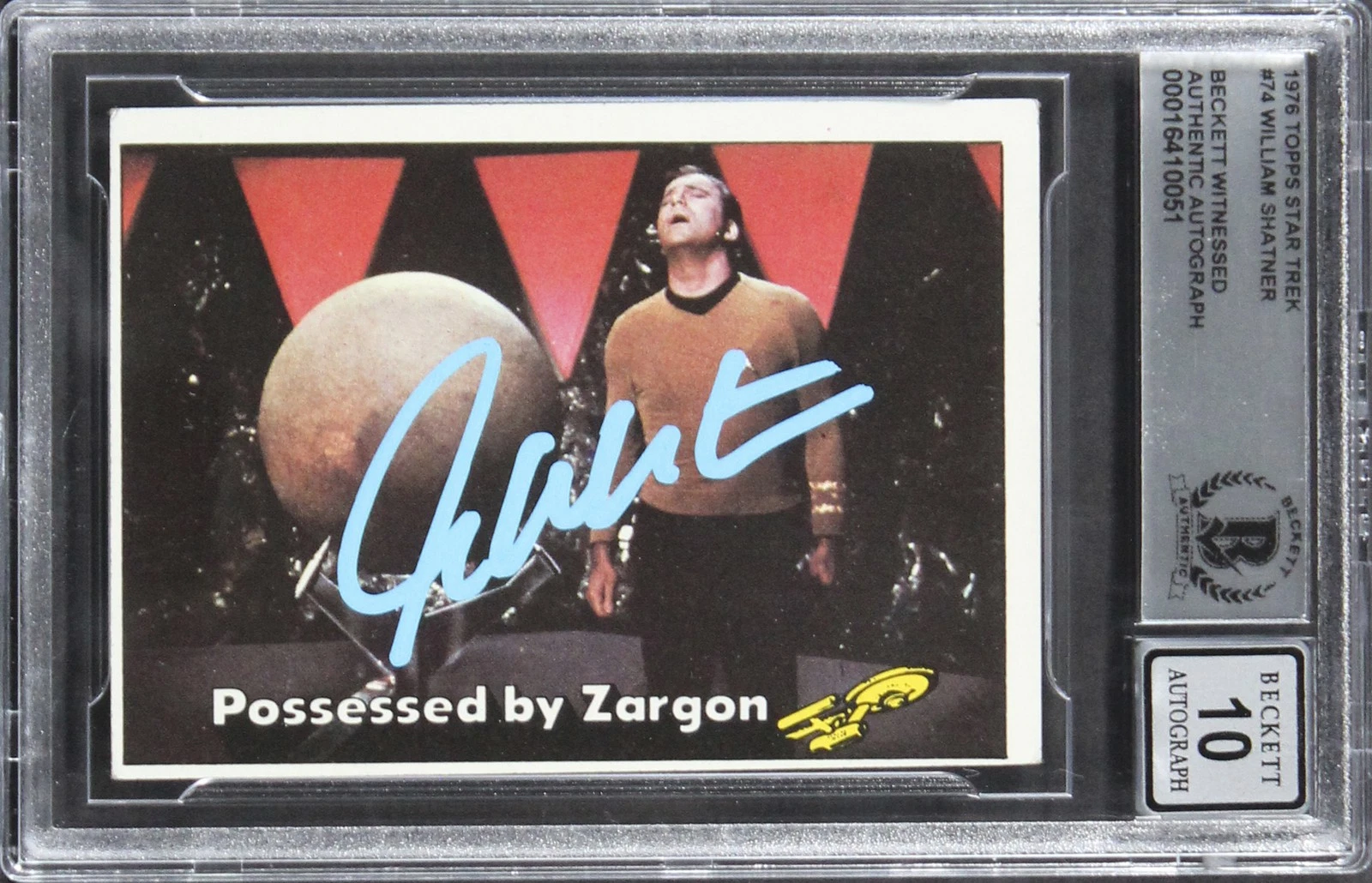 WILLIAM SHATNER SIGNED 1976 TOPPS STAR TREK #74 CARD AUTO GRADED 10! BAS SLABBED COLLECTIBLE MEMORABILIA