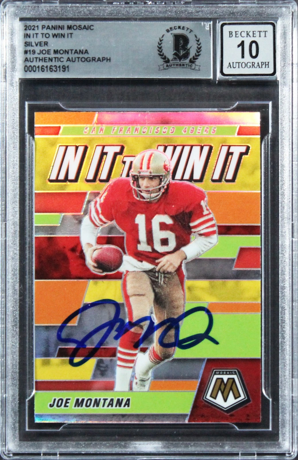 49ERS JOE MONTANA SIGNED 2021 PANINI MOSAIC SILVER #19 CARD AUTO 10! BAS SLABBED COLLECTIBLE MEMORABILIA
