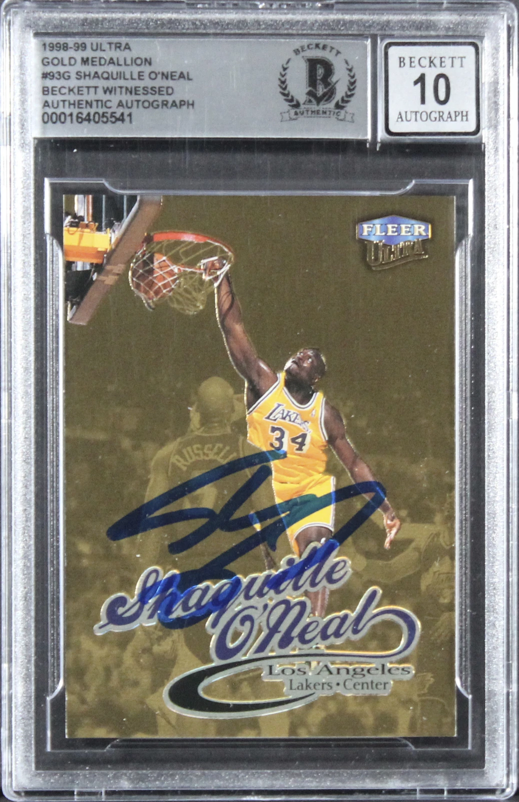 Lakers Shaquille O'Neal Signed 1998 Ultra GM #93G Card Auto 10! BAS Slabbed
