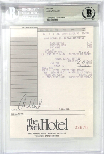 ALEX VAN HALEN Signed Autographed Hotel Receipt Slabbed Encapsulated BAS COA