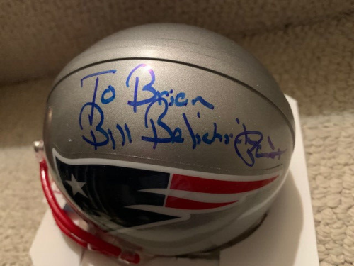 BILL BELICHICK HAND SIGNED PATRIOTS MINI HELMET SIGNED TO BRIAN JSA COLLECTIBLE MEMORABILIA