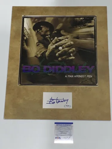 BO DIDDLEY SIGNED MATTED INDEX CARD WITH A MAN AMONGST MEN ALBUM FLAT PSA COA