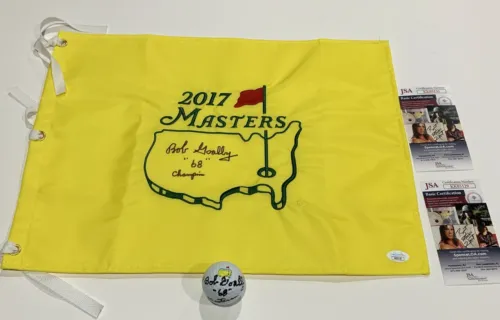 BOB GOALBY SIGNED 2017 MASTERS FLAG & GOLF BALL 1986 CHAMPION VERY RARE JSA COA