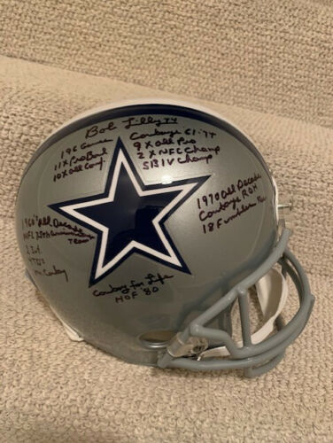 BOB LILLY SIGNED DALLAS COWBOYS FULL SIZE HELMET 17 INSCRIPTIONS JSA COLLECTIBLE MEMORABILIA