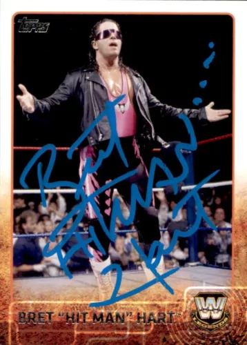 BRET “HIT MAN” HART SIGNED 2015 TOPPS WWE CARD #88 COLLECTIBLE MEMORABILIA