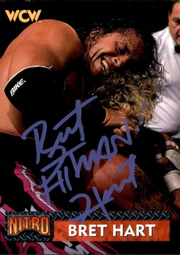 BRET “HITMAN” HART SIGNED 1999 TOPPS WCW NWO NITRO CARD #2 WWE COLLECTIBLE MEMORABILIA