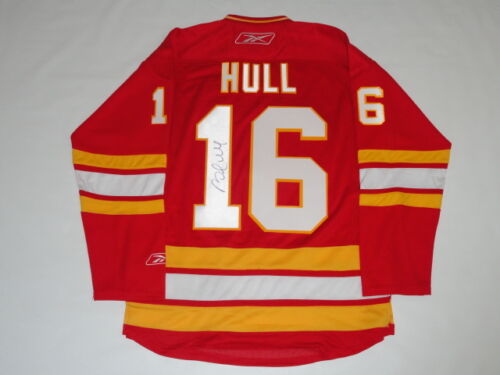 BRETT HULL SIGNED REEBOK PREMIER CALGARY FLAMES ROOKIE JERSEY JSA COA LICENSED