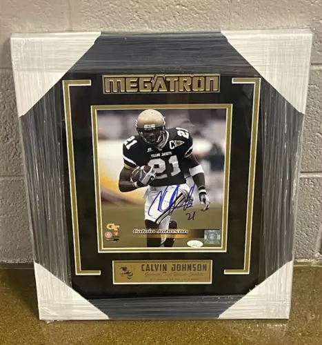 CALVIN JOHNSON SIGNED FRAMED GEORIGIA TECH YELLOW JACKETS 8×10 PHOTO JSA LIONS COLLECTIBLE MEMORABILIA