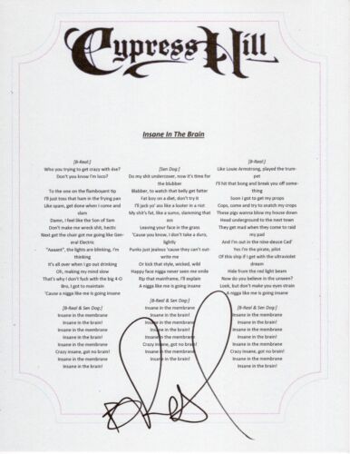 CYPRESS HILL B-REAL SIGNED INSANE IN THE BRAIN LYRIC SHEET COLLECTIBLE MEMORABILIA