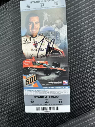 DARIO FRANCHITTI (2007 WINNER) SIGNED INDIANAPOLIS INDY 500 TICKET 2008 RACE COLLECTIBLE MEMORABILIA